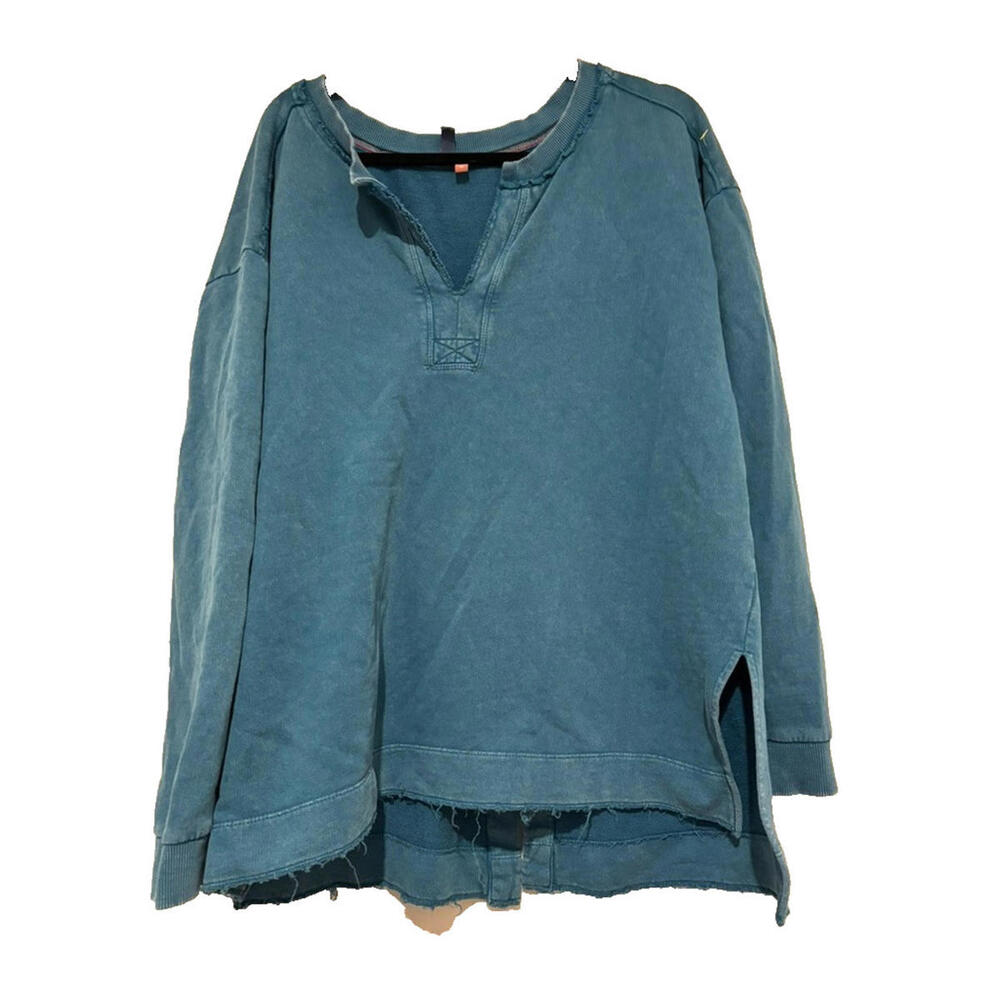 Anthropologie Pilcro sz XL distressed V neck blue/teal cotton sweatshirt #3190